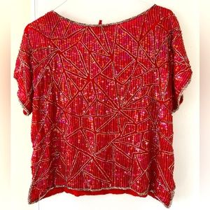 Brand New Red Sequined & Beaded 100% Silk Top with 100% Rayon Lining. Size: M/L